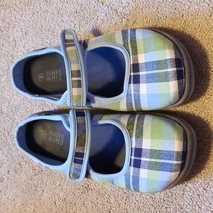 Faded Glory blue green white plaid comfort mules flats clogs 8 adjustable strap